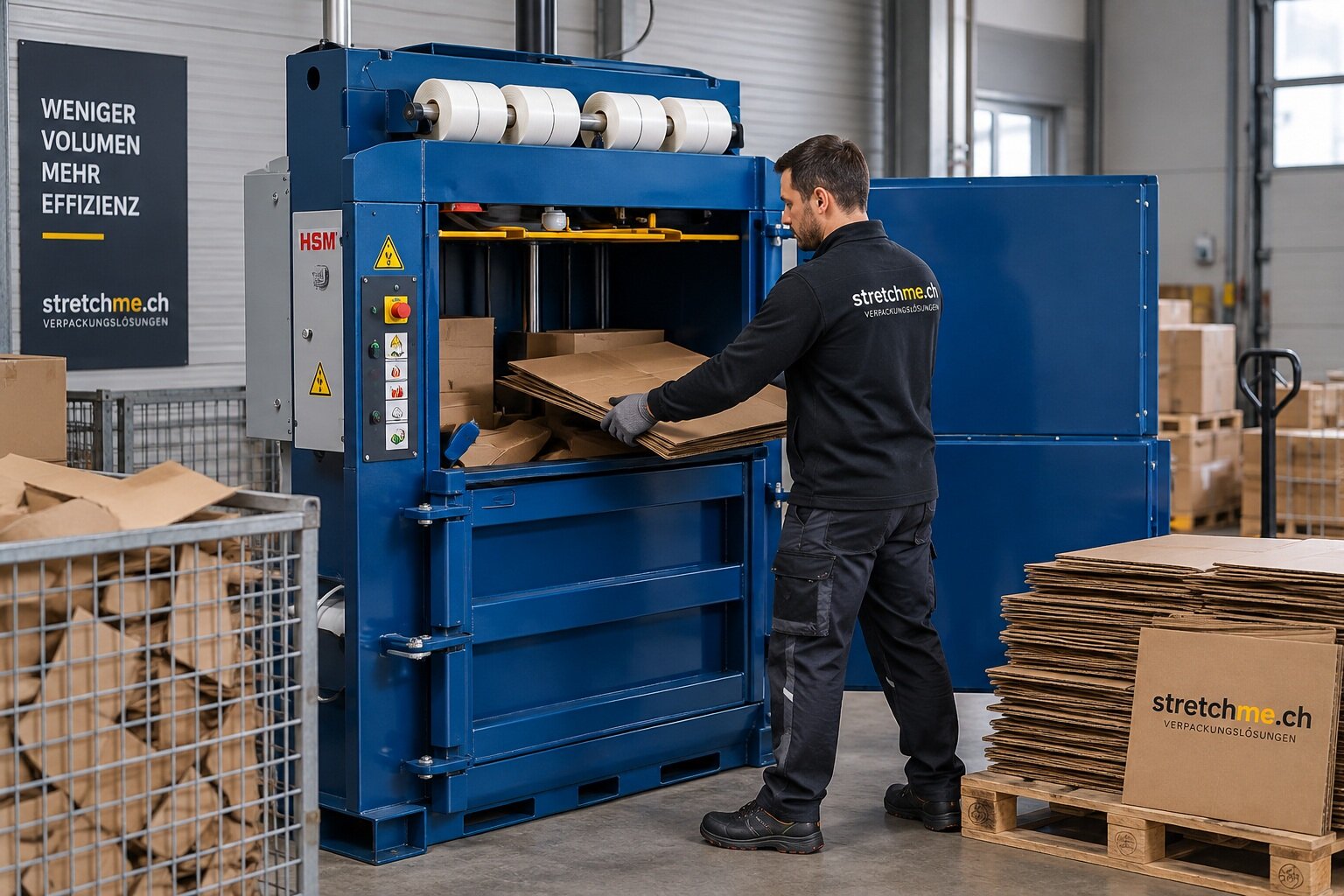 Industrielle Ballenpresse bei der Verdichtung von Kartonagen mit Ballenpressenband