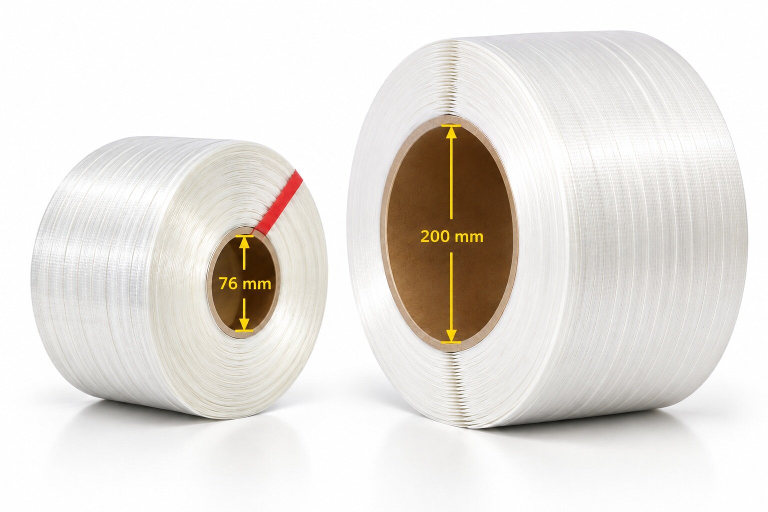 Vergleich der Rollenkern-Durchmesser 76 mm und 200 mm bei Polyester-Umreifungsbändern