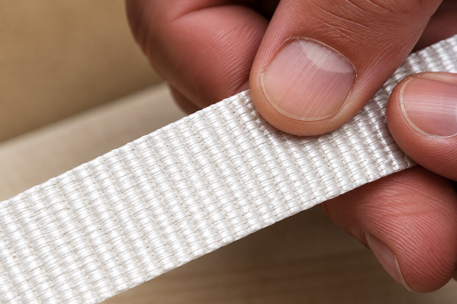 Detailaufnahme der Kreuzgewebestruktur eines gewebten Polyester-Umreifungsbands