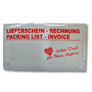 Dokumententasche DIN lang, bedruckt "Lieferschein/Rechnung "herzlichen Dank", 225 x 120  mm
