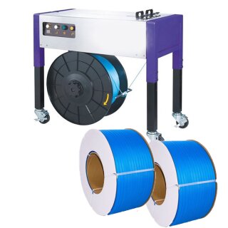 PP-Halbautomatisches Umreifungsmaschinenset PRO,  inkl 2 Rollen PP Umreifungsband blau 12 x 0,55 mm, Kern 200 mm, 3000 m Reisskraft 130 Kg