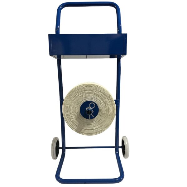 Abrollwagen für Polyesterband (Textil-Kraftbänder, gewebt, Fadenstrukturband) ohne Seitenscheiben fahrbar, mit Geräteschale, Kerndurchmesser 76 mm