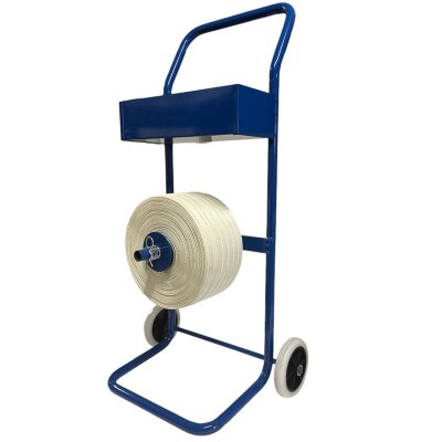 Abrollwagen für Polyesterband (Textil-Kraftbänder, gewebt, Fadenstrukturband) ohne Seitenscheiben fahrbar, mit Geräteschale, Kerndurchmesser 76 mm