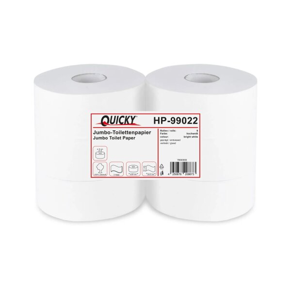 Jumbo-Toilettenpapier Quicky – 2-lagig, weiss, Zellstoff, Ø 25 cm, 6 Rollen, HP-99022