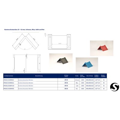 Kantenschutwinkel aus Kunststoff„medium“ (25-32 mm), blau – ohne Dorn, mit Bandführung, definierte Kanten – 1500 Stk./Karton