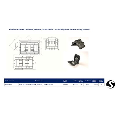 Kantenschutzecke Kunststoff „Medium“, 40–50-60 mm – mit Wellenprofil zur Bandführung, Schwarz