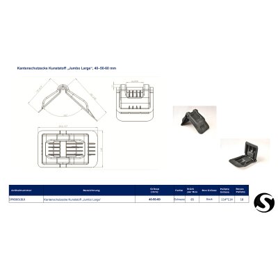 Kantenschutzecke Kunststoff „Jumbo Large“, 40–50-60 mm – mit Bandführung & Riffelung, Schwarz