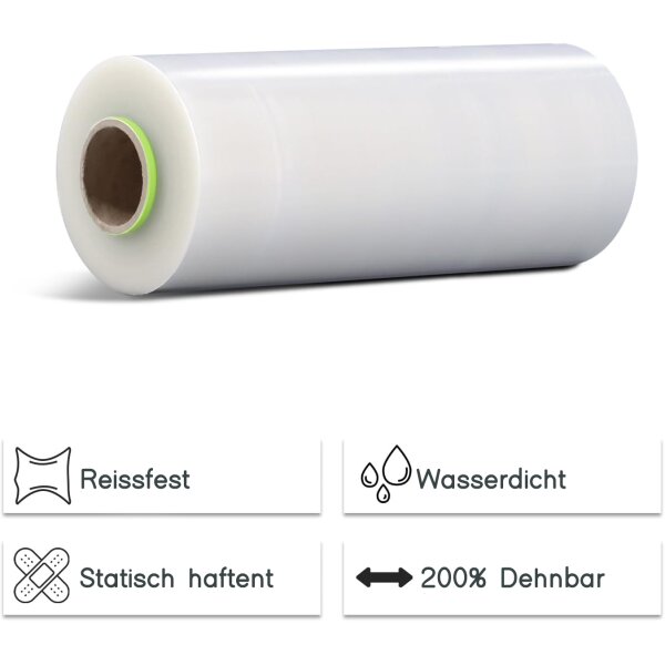 Handstretchfolie, 500 mm × 600 m, 23 µ (my), Power-Stretchfolie 200 %, transparent – kompatibel mit Wrapman