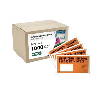 Dokumententasche DIN lang FENSTER: LINKS, bedruckt orange, "Lieferschein-Rechnung" vollflächig selbstklebend, B 240 x H 140 mm