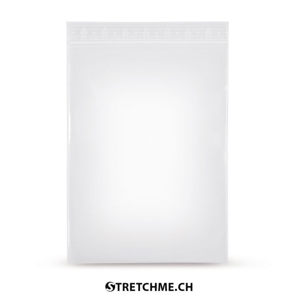 LDPE-Druckverschlussbeutel / Zip Beutel ohne Beschriftungsstreifen 200 x 250 mm, 75 my, transparent mit PE-Logo